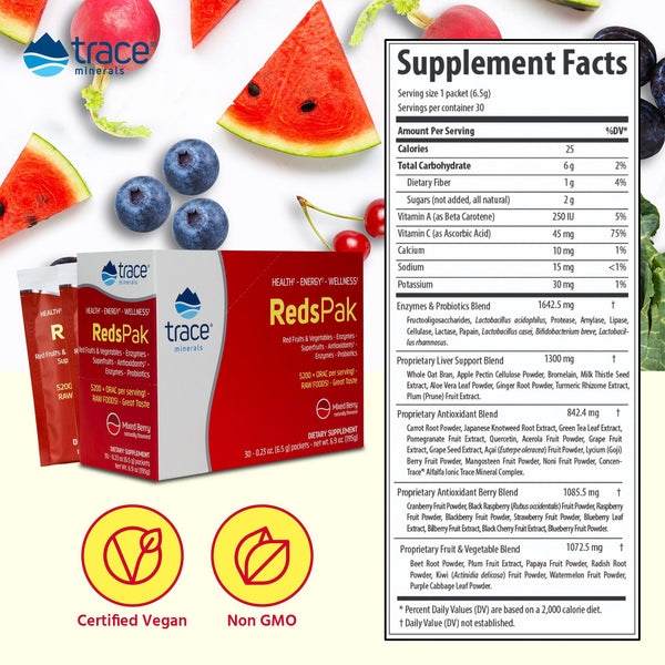Reds Pak - Reds Superfood Powder Packets - Vital Nutrition with Natural Polyphenols, Antioxidants, Super Fruits, Veggies, Trace Minerals & Probiotics - Gut & Energy Support - Berry Flavor (30 Packets) - Earth's Pure 